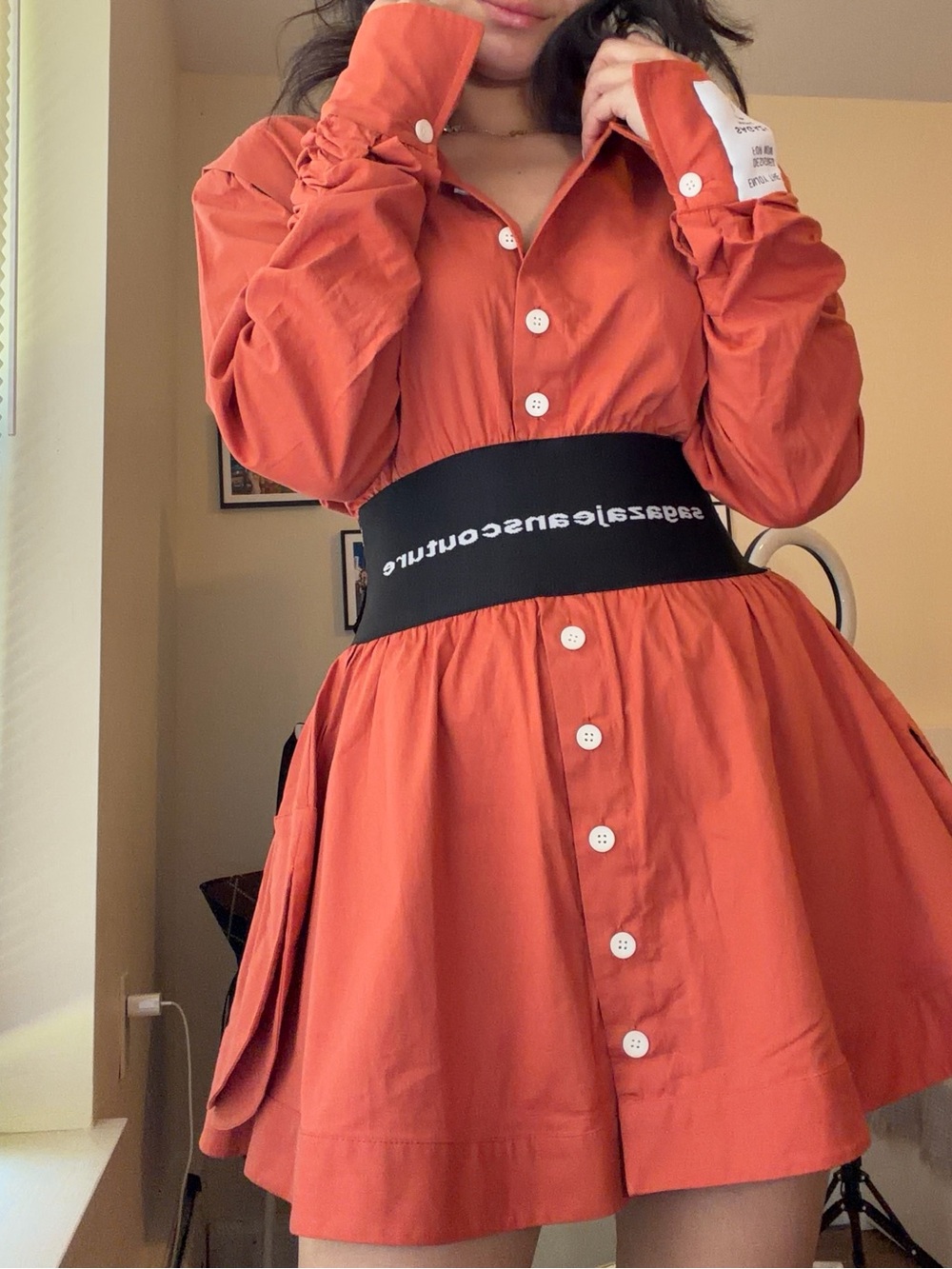Rust Button-Front Mini Corset Dress with Black Waistband